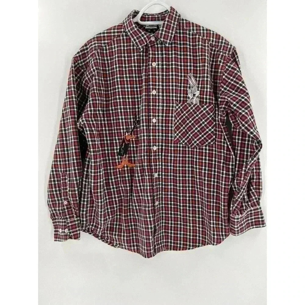 VTG Acme Clothing Men Button Up Shirt Red Black Plaid Check Bugs Bunny Daffy #SM